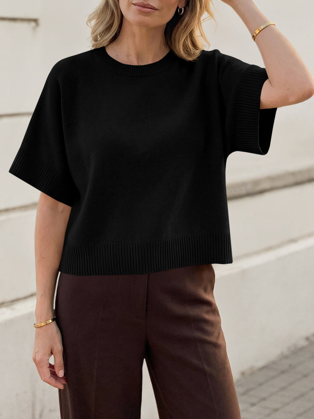 usvara Womens Short Sleeve Crew Neck Knit Sweater
