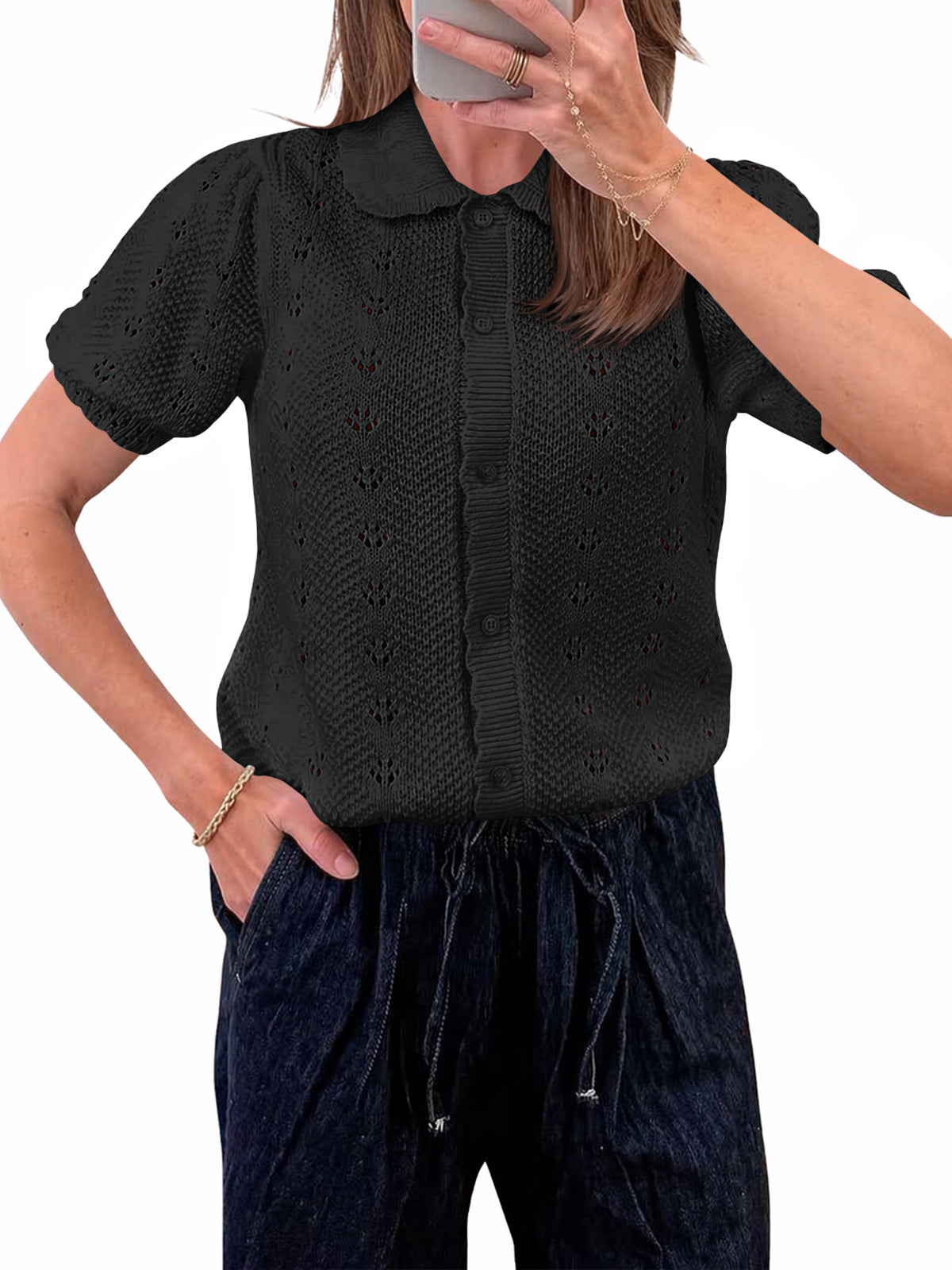 usvara Women Crochet Puff Sleeve Cardigan