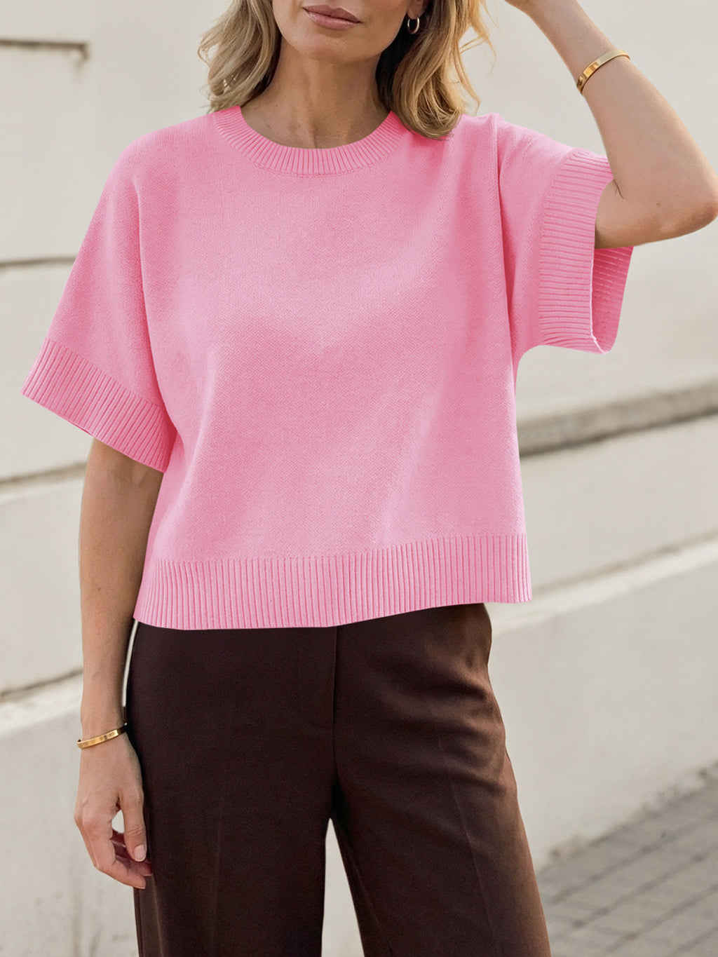 usvara Womens Short Sleeve Crew Neck Knit Sweater