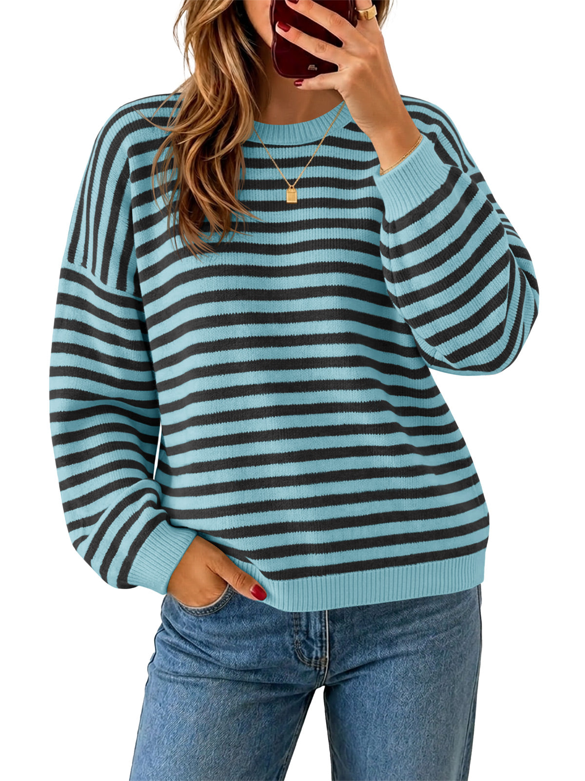usvara Women Oversized Striped Crew Neck Pullover Sweater
