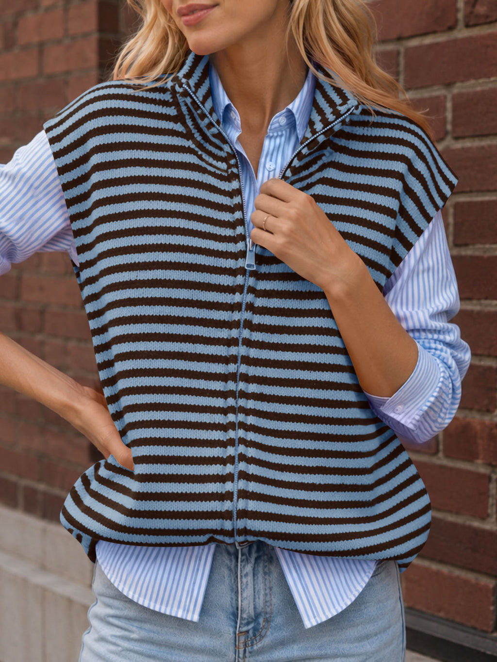 usvara Women Striped Zip Up Knit Cardigan
