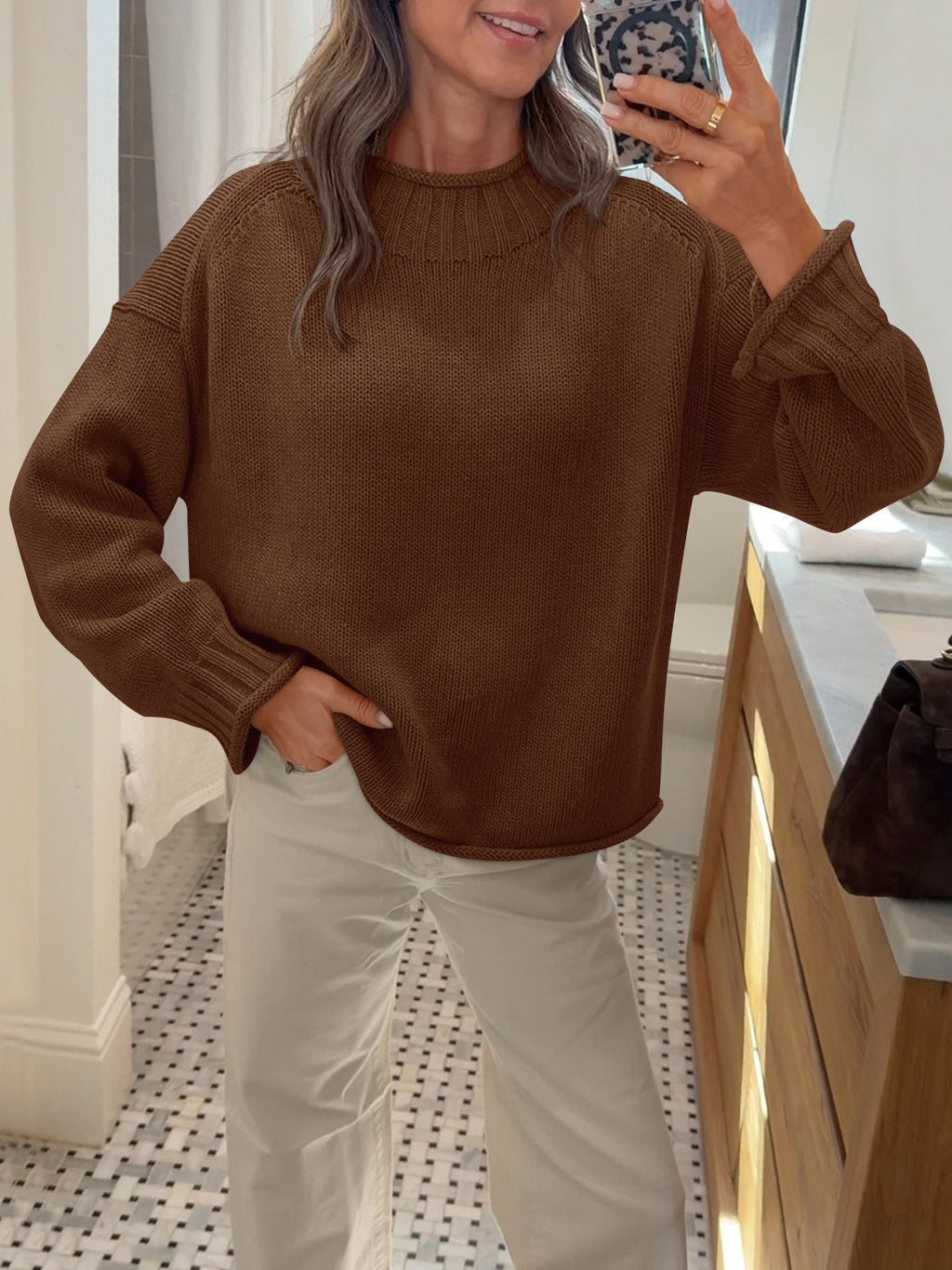 usvara Women Mock Neck Chunky Knit Tops