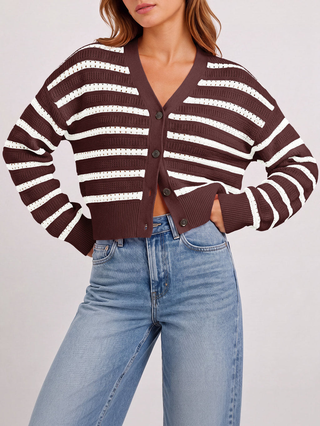 usvara Womens Striped Crochet Cardigan Tops