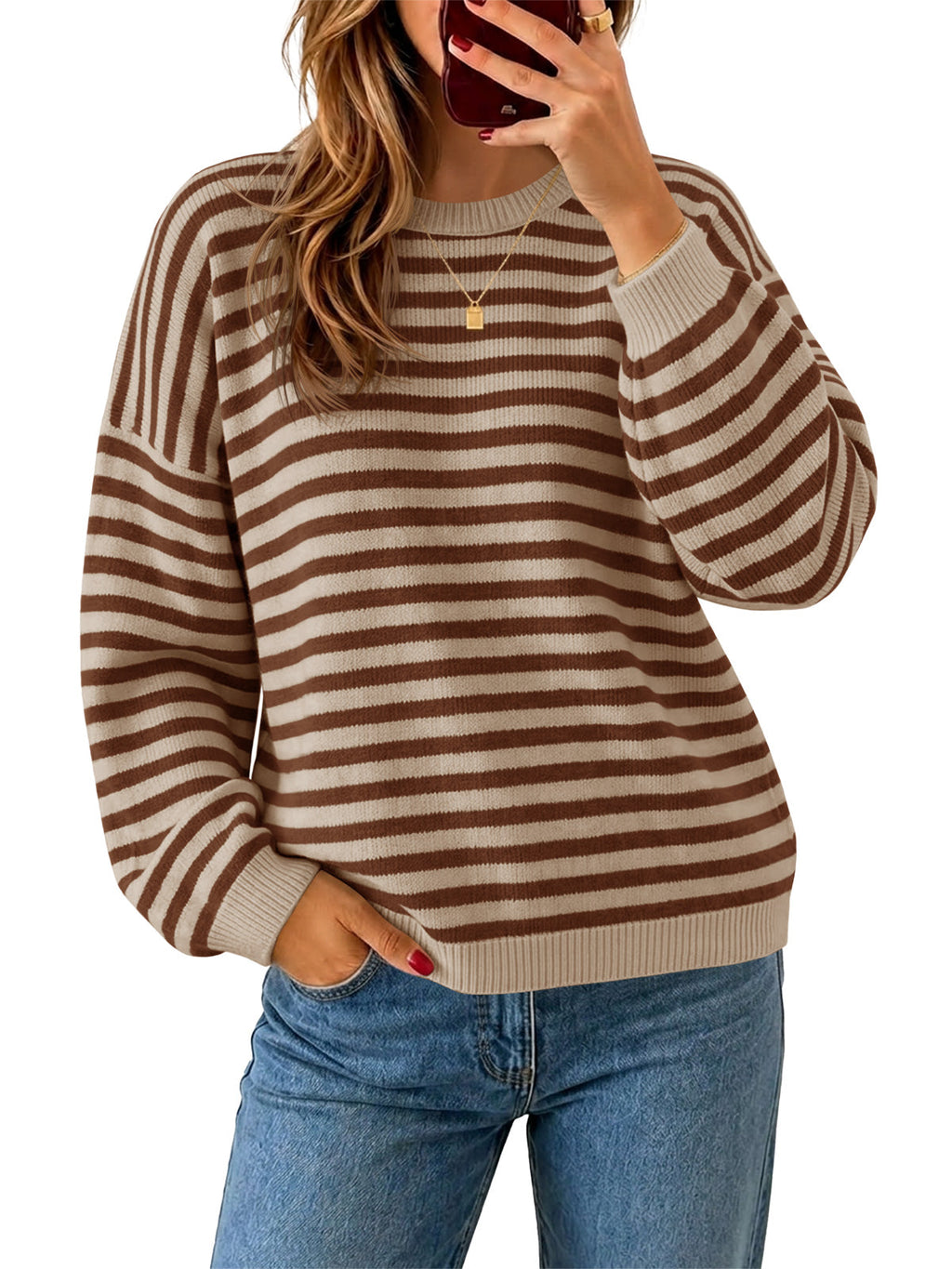 usvara Women Oversized Striped Crew Neck Pullover Sweater