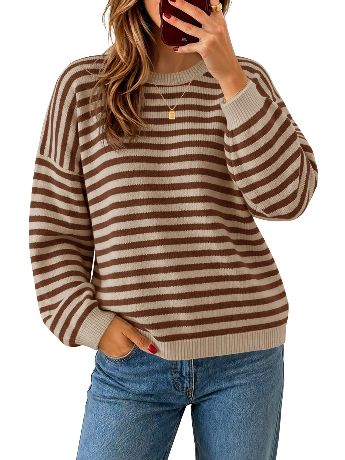 usvara Women Oversized Striped Crew Neck Pullover Sweater