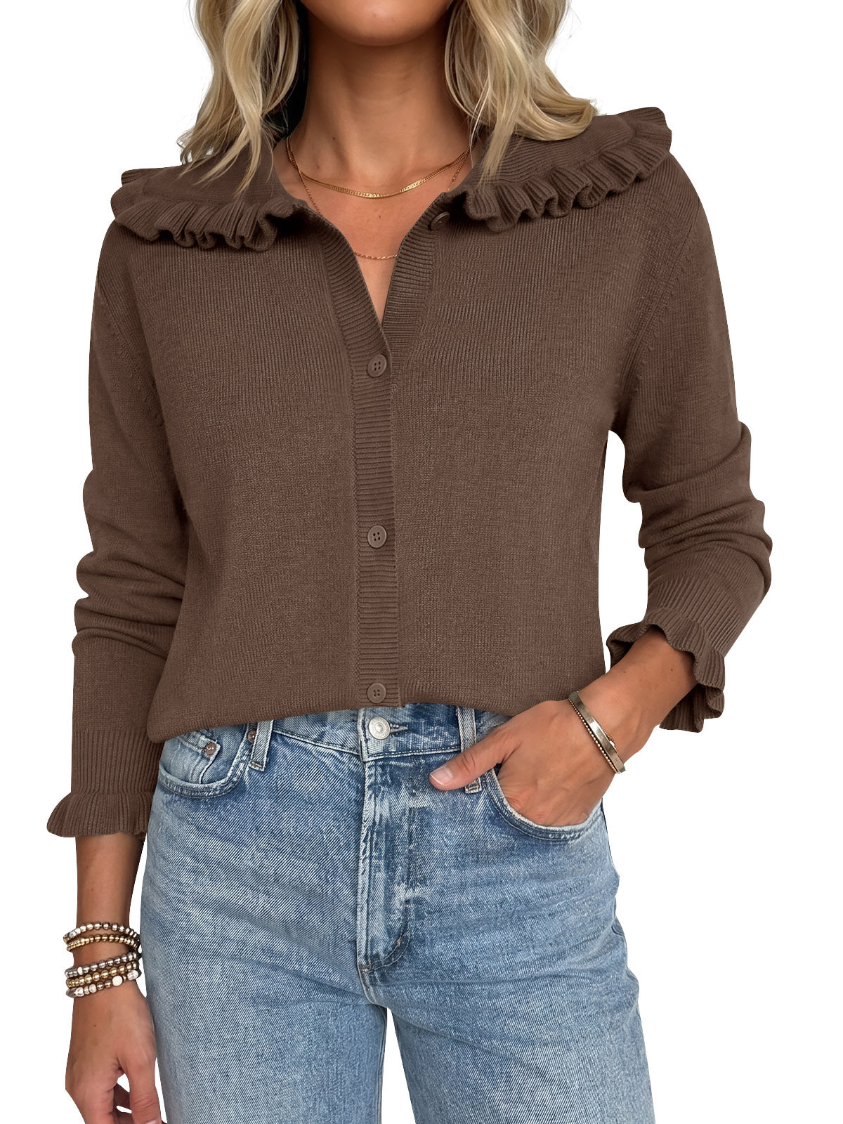usvara Womens Ruffle Knit Cardigan