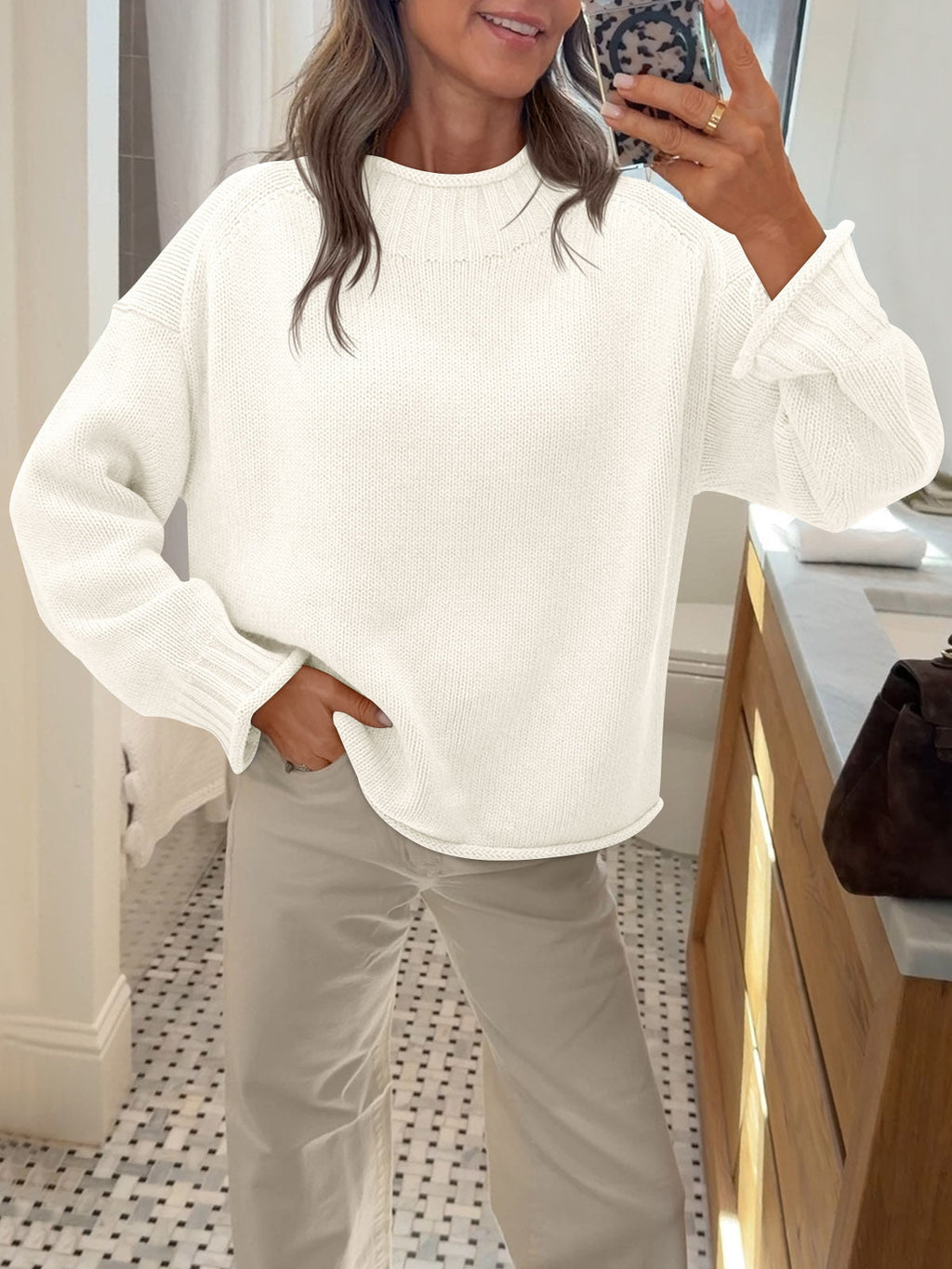 usvara Women Mock Neck Chunky Knit Tops