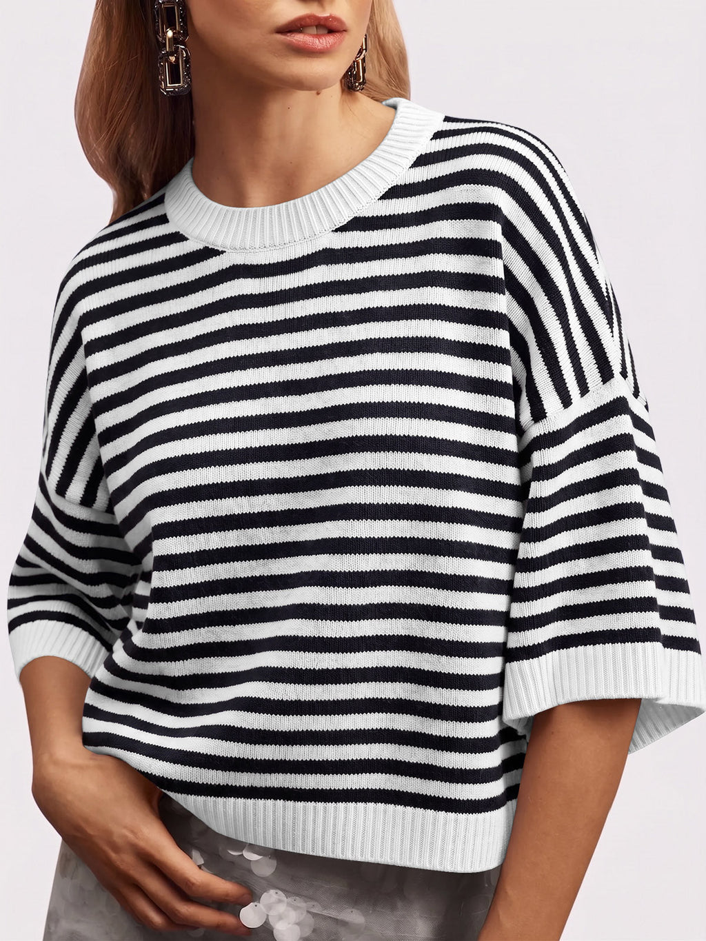 usvara Women Striped Short Sleeve Knit Top