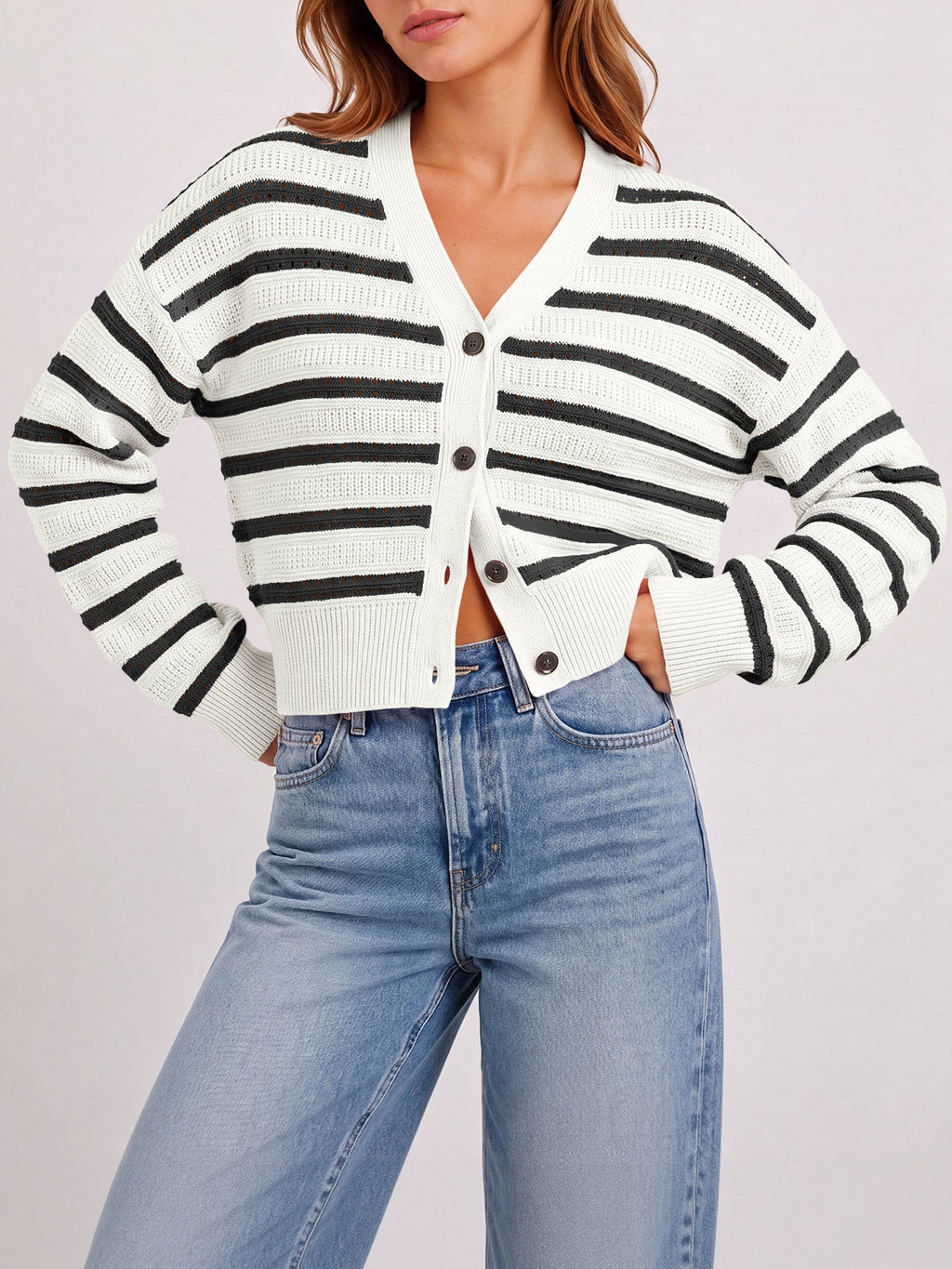 usvara Womens Striped Crochet Cardigan Tops