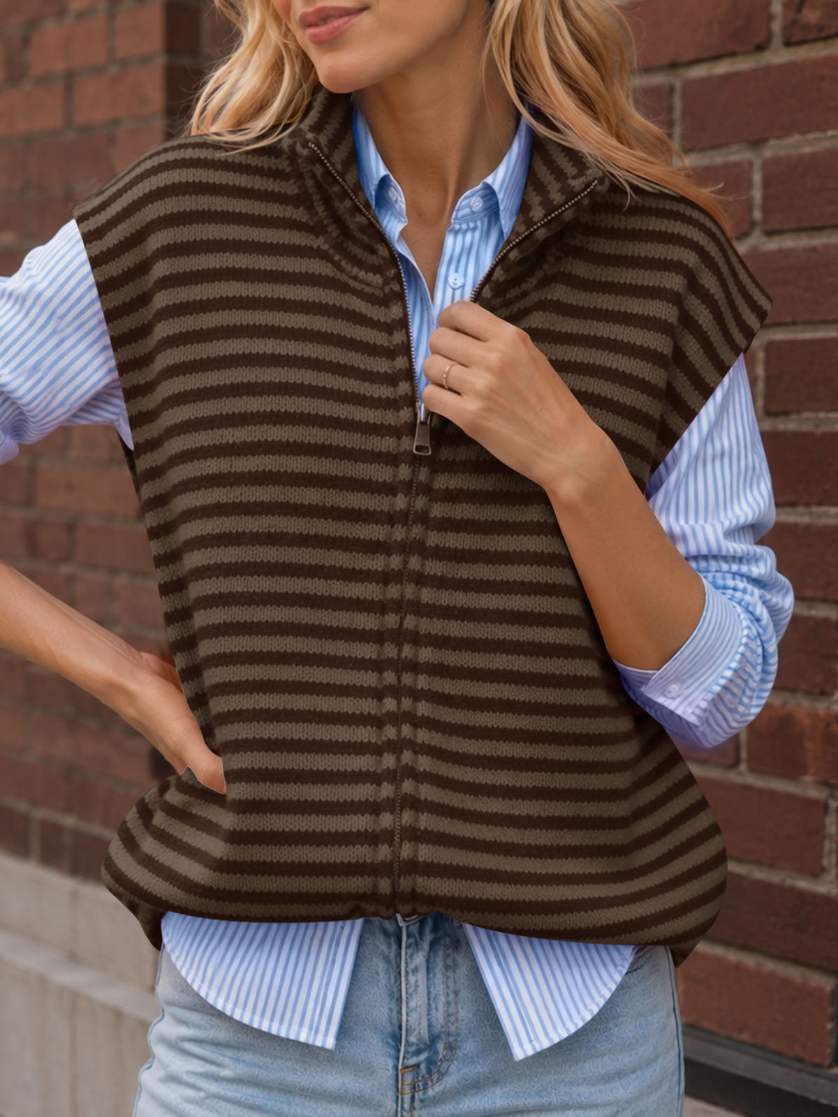 usvara Women Striped Zip Up Knit Cardigan