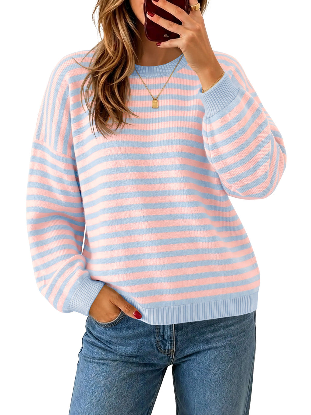 usvara Women Oversized Striped Crew Neck Pullover Sweater