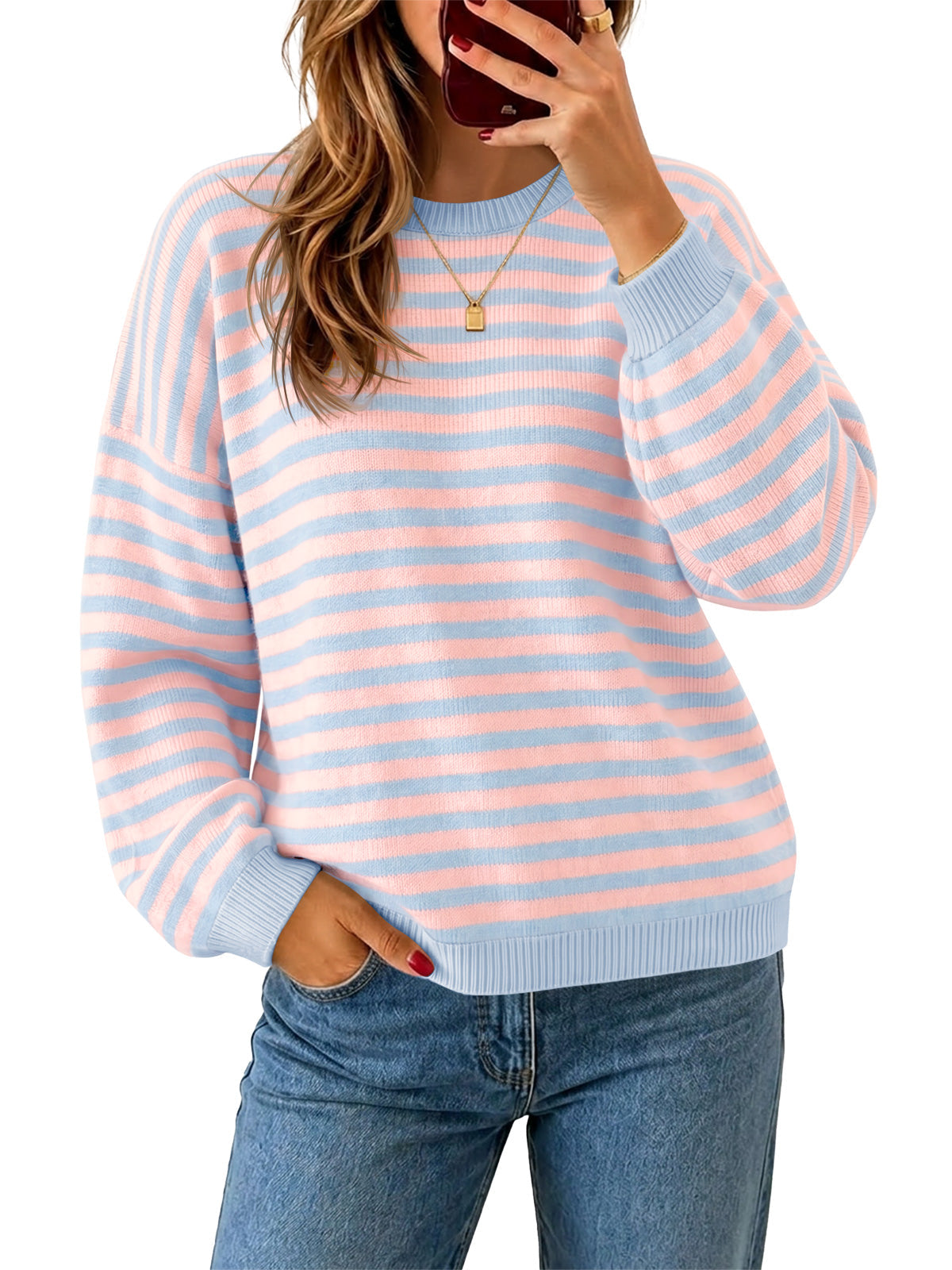 usvara Women Oversized Striped Crew Neck Pullover Sweater