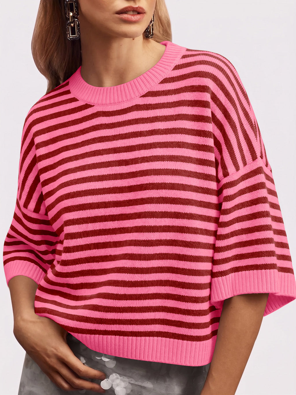 usvara Women Striped Short Sleeve Knit Top