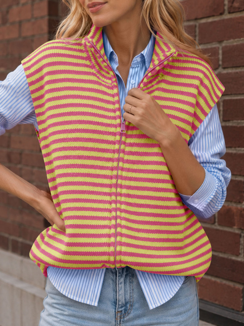usvara Women Striped Zip Up Knit Cardigan