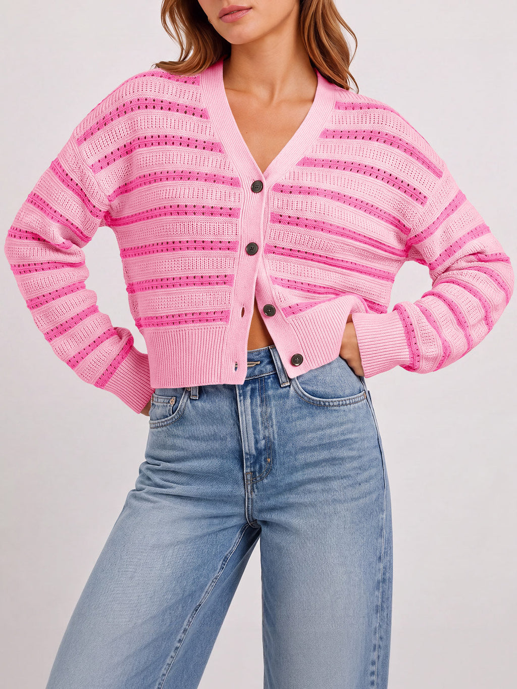 usvara Womens Striped Crochet Cardigan Tops