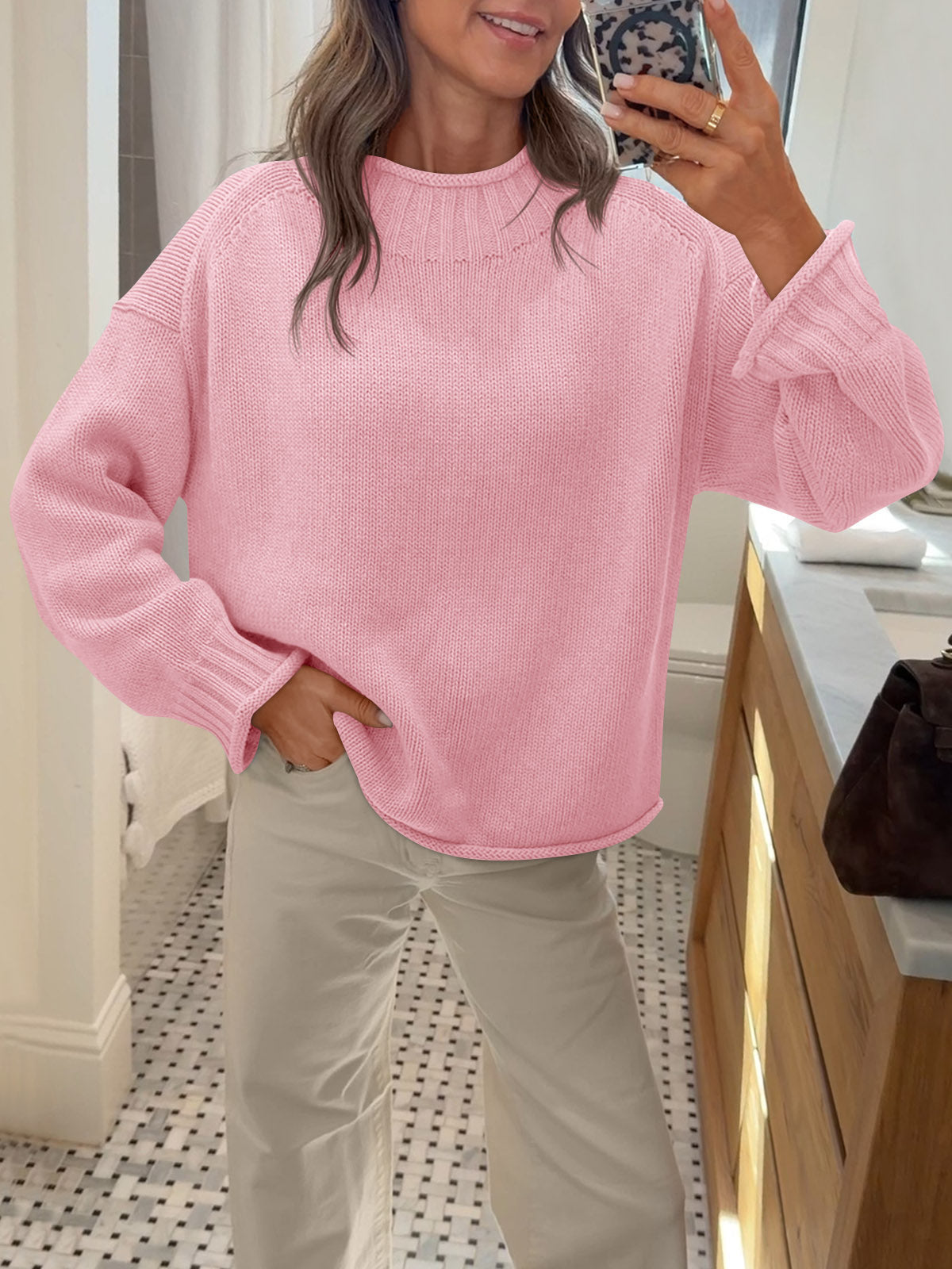 usvara Women Mock Neck Chunky Knit Tops