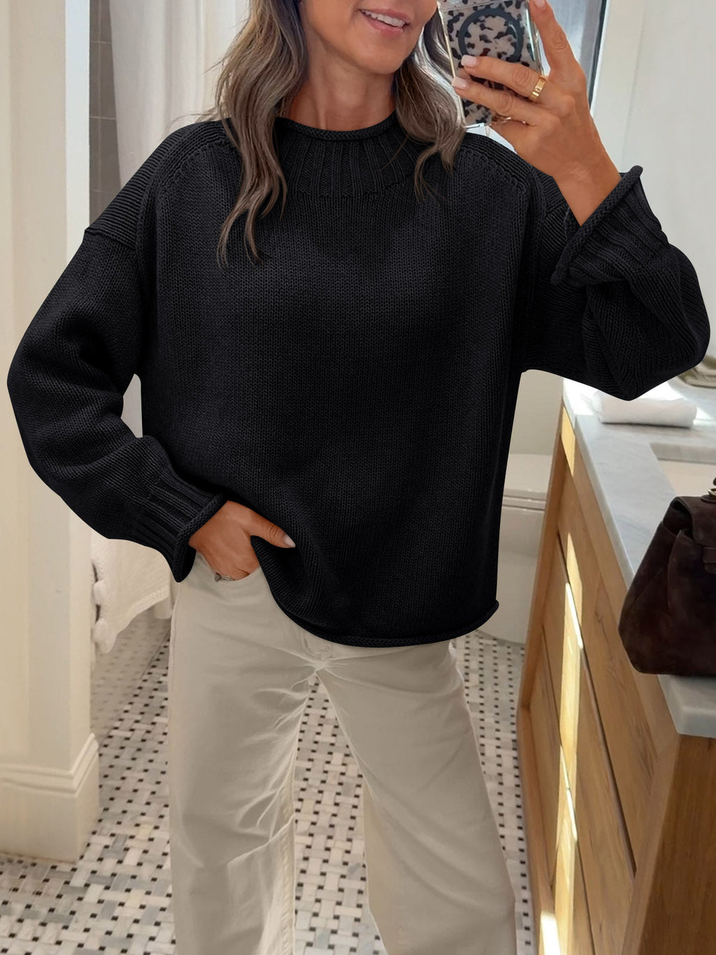 usvara Women Mock Neck Chunky Knit Tops