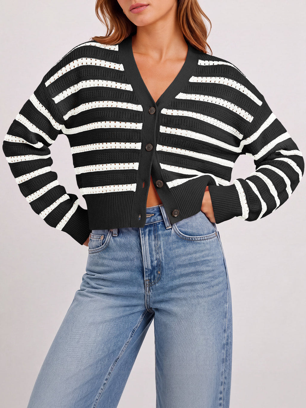 usvara Womens Striped Crochet Cardigan Tops