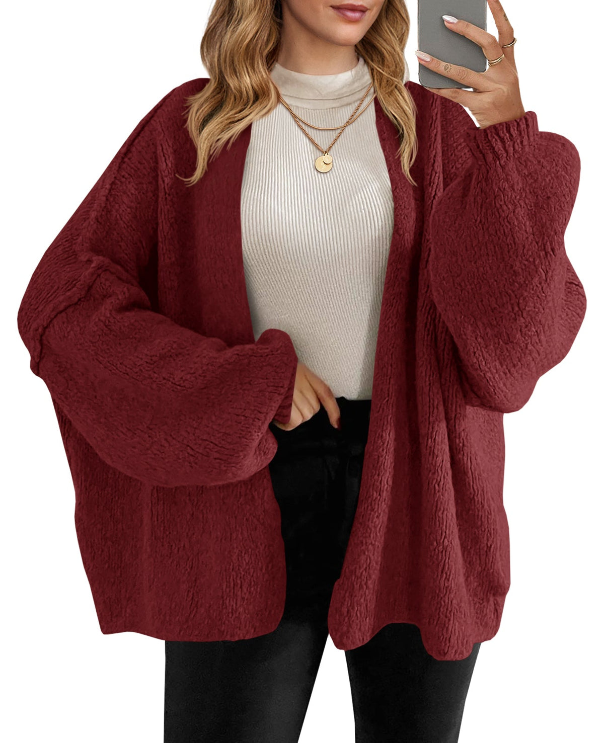 Usvara Womens Oversized Lantern Sleeve Chunky Knit Open-Front Cardigan Sweater