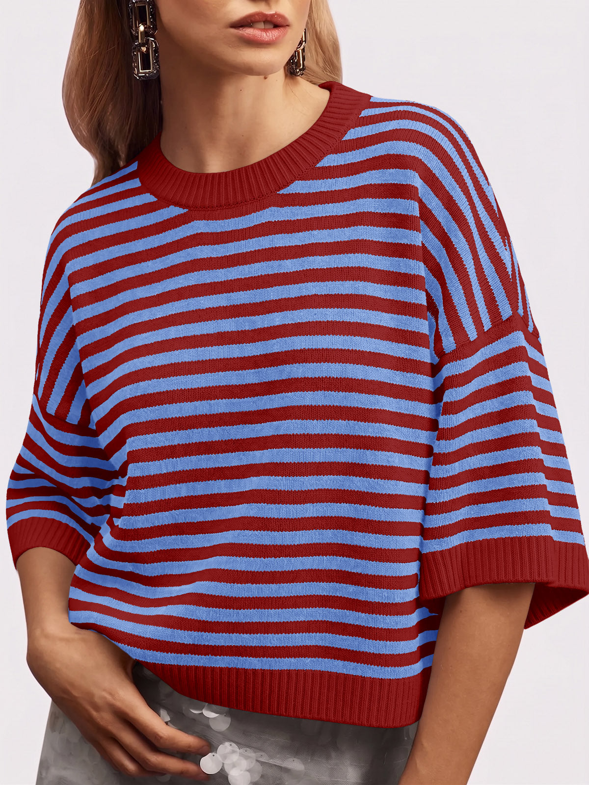 usvara Women Striped Short Sleeve Knit Top