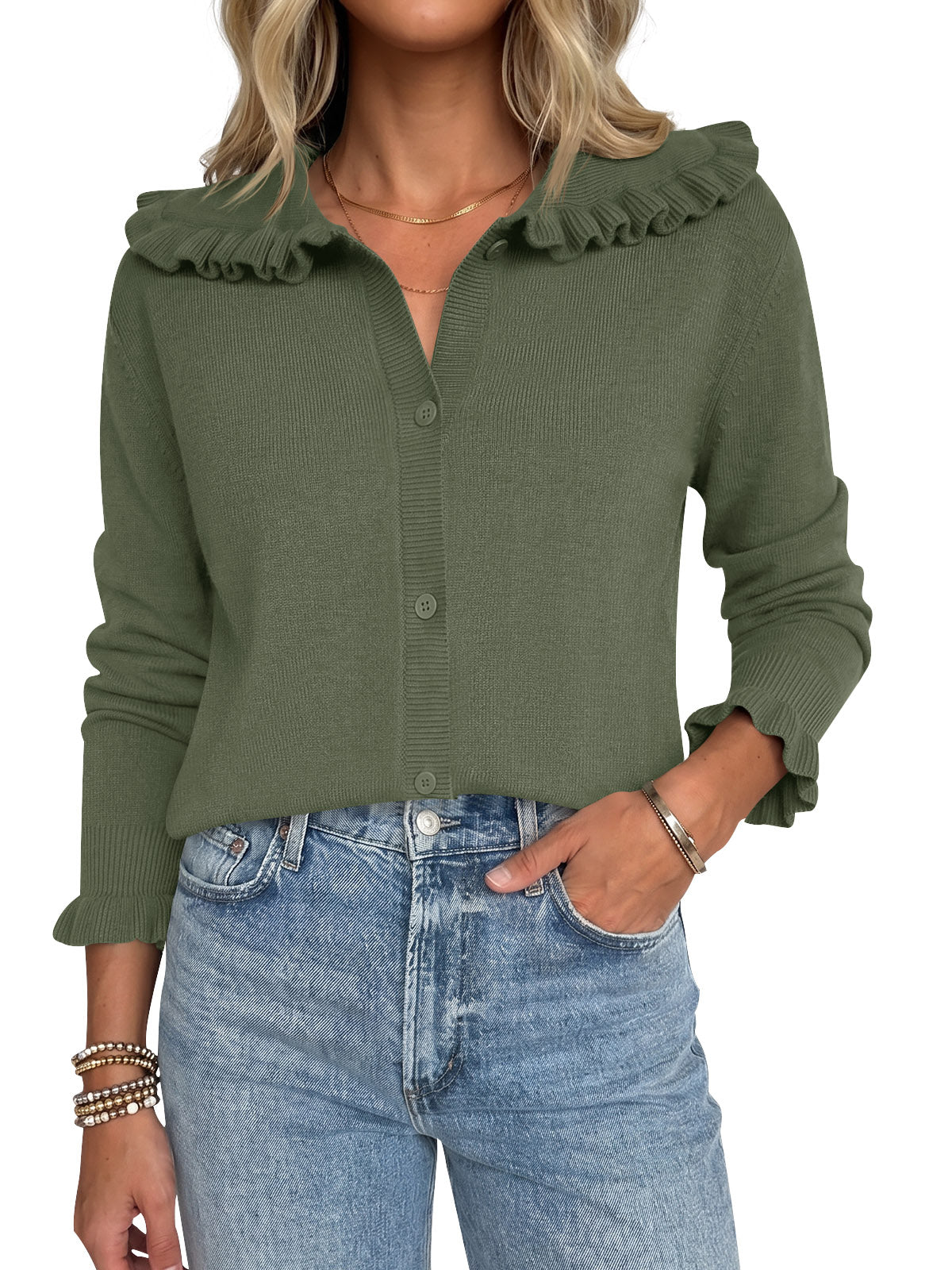 usvara Womens Ruffle Knit Cardigan