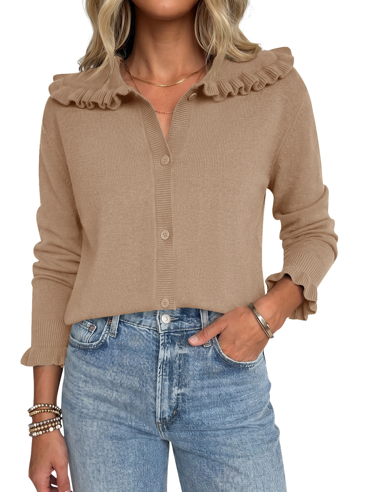 usvara Womens Ruffle Knit Cardigan