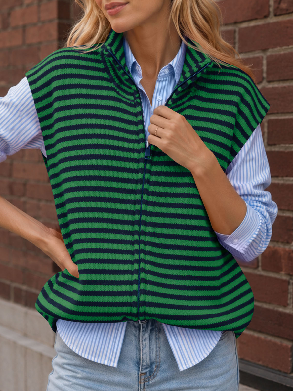 usvara Women Striped Zip Up Knit Cardigan