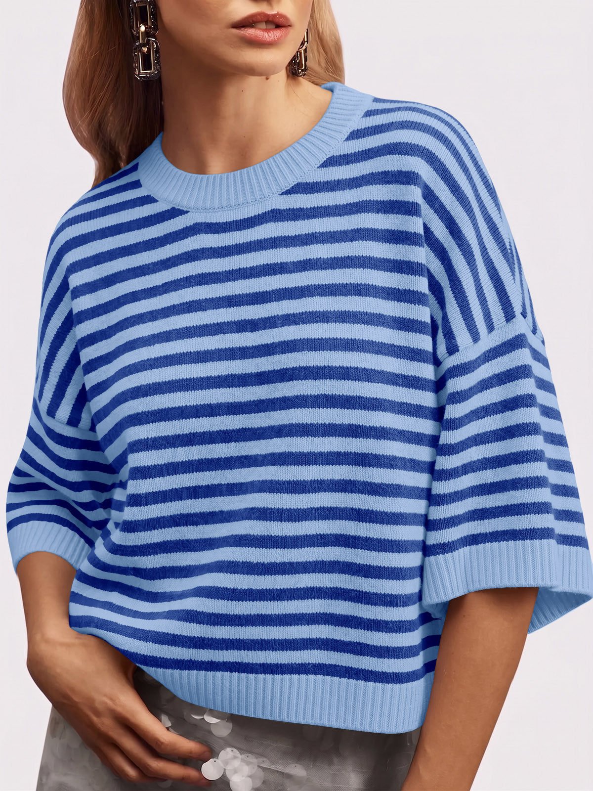 usvara Women Striped Short Sleeve Knit Top