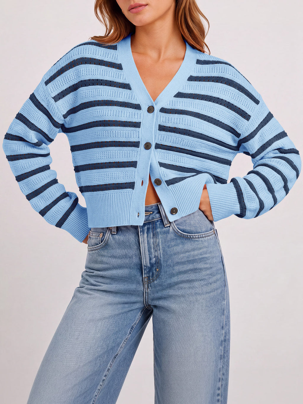 usvara Womens Striped Crochet Cardigan Tops