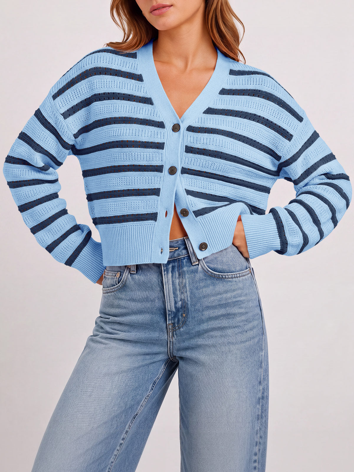 usvara Womens Striped Crochet Cardigan Tops
