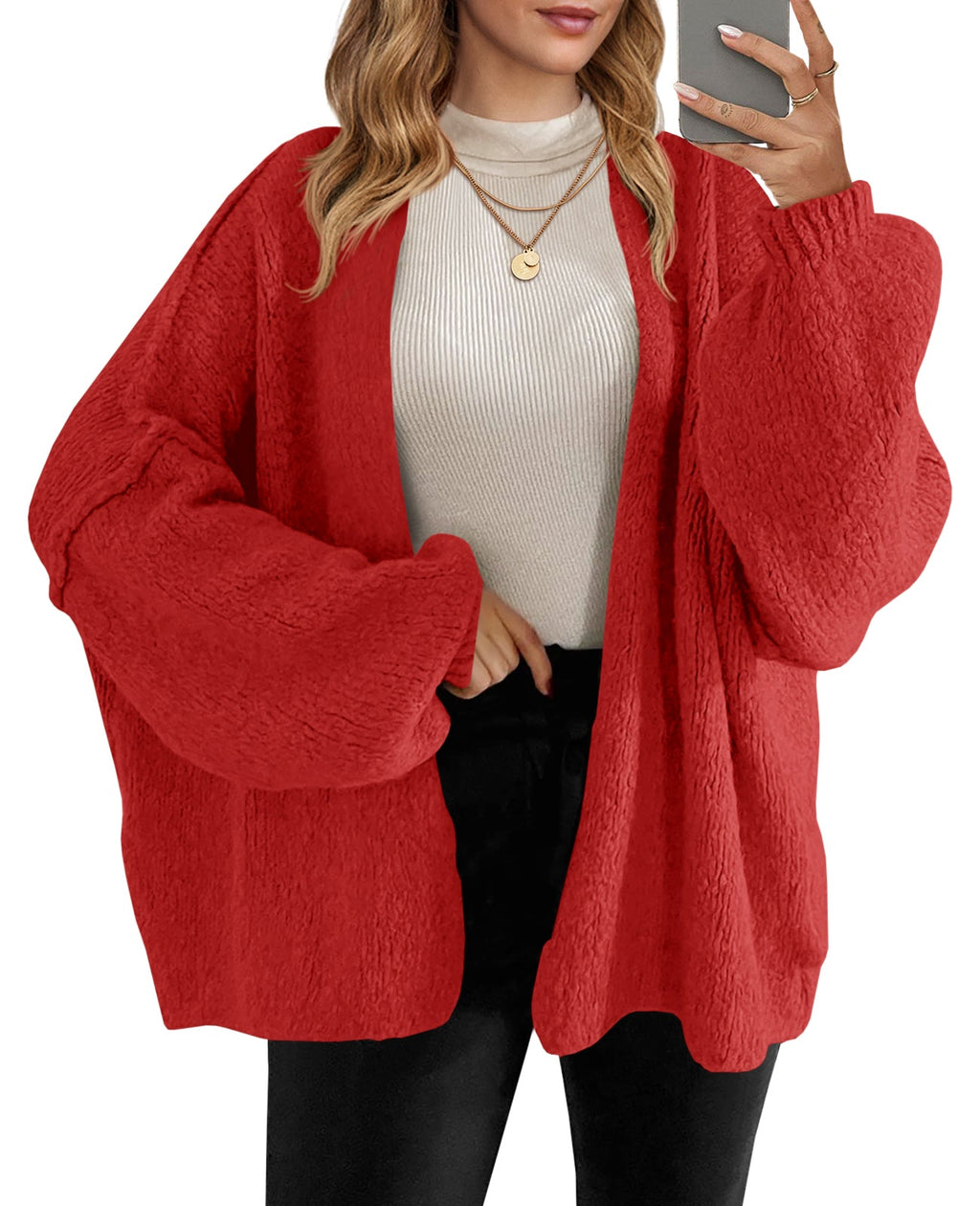 Usvara Womens Oversized Lantern Sleeve Chunky Knit Open-Front Cardigan Sweater