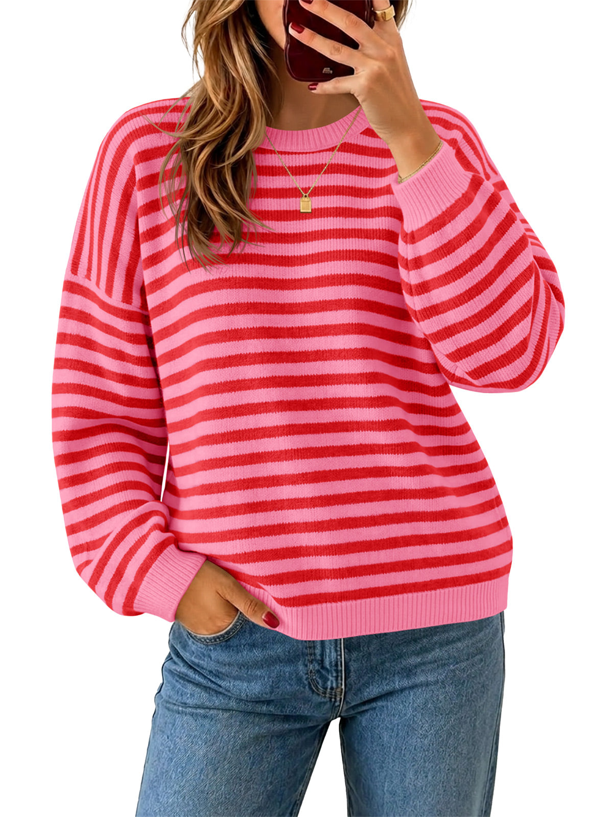 usvara Women Oversized Striped Crew Neck Pullover Sweater