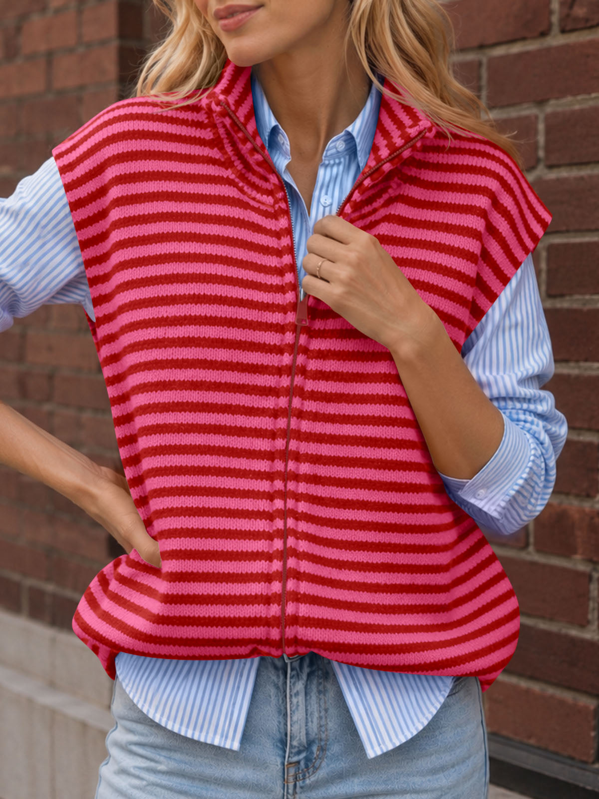 usvara Women Striped Zip Up Knit Cardigan
