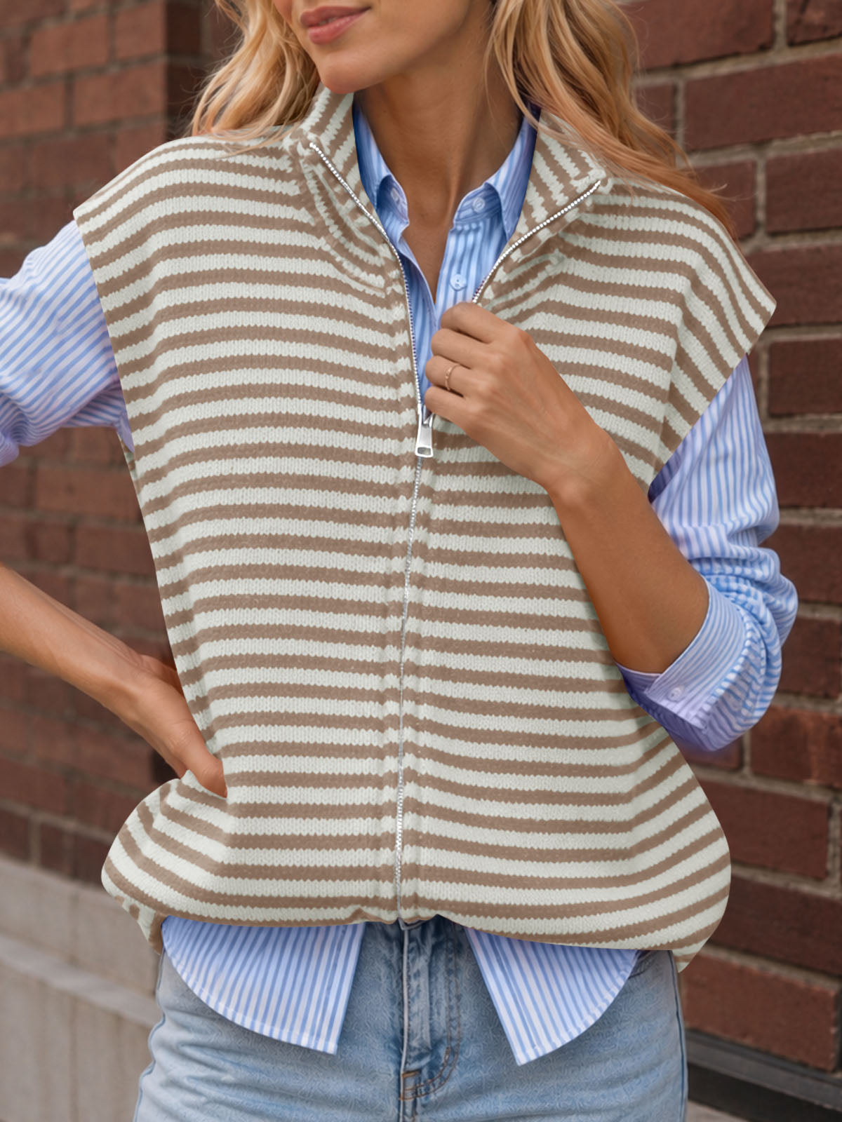usvara Women Striped Zip Up Knit Cardigan