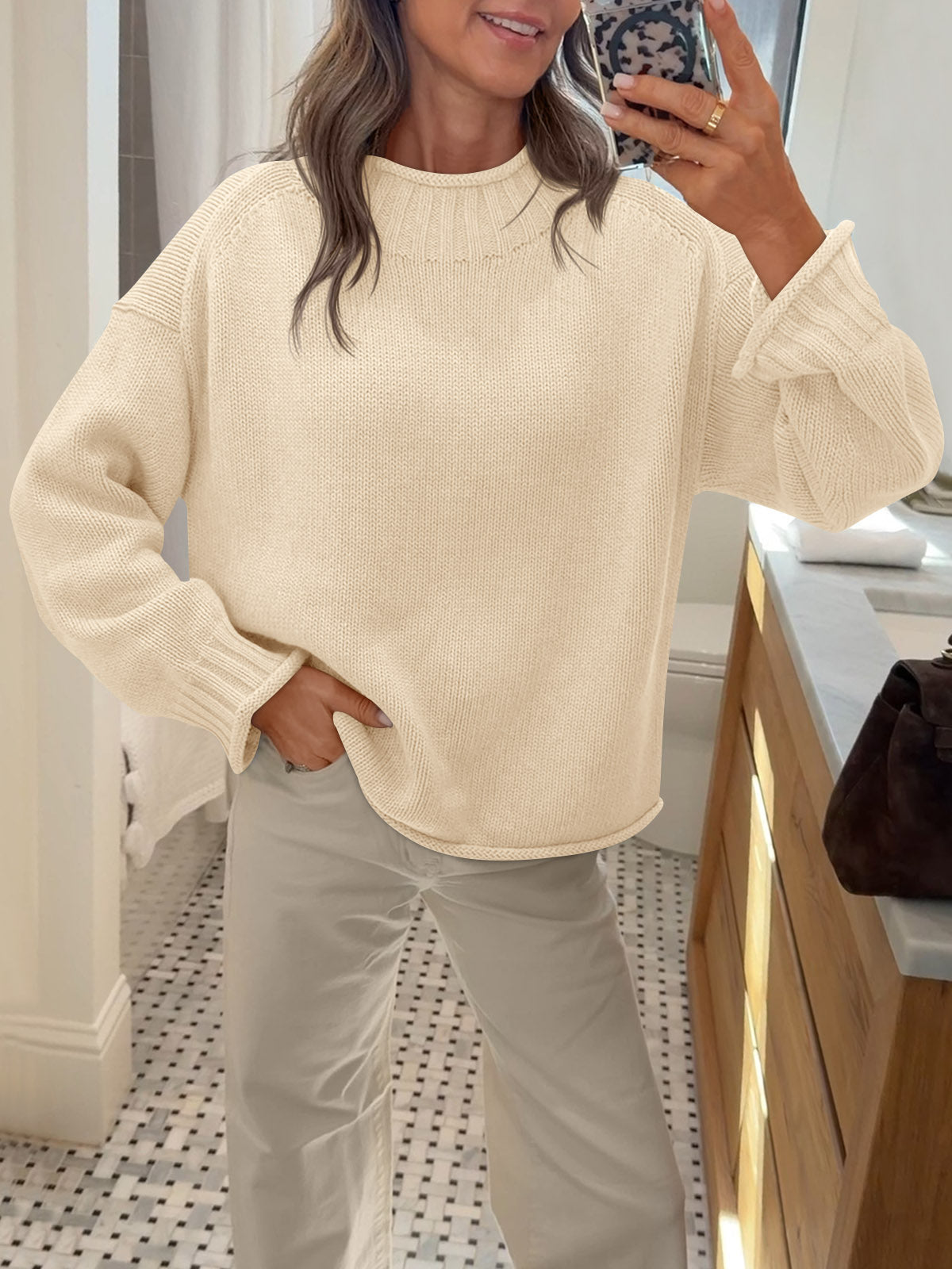 usvara Women Mock Neck Chunky Knit Tops