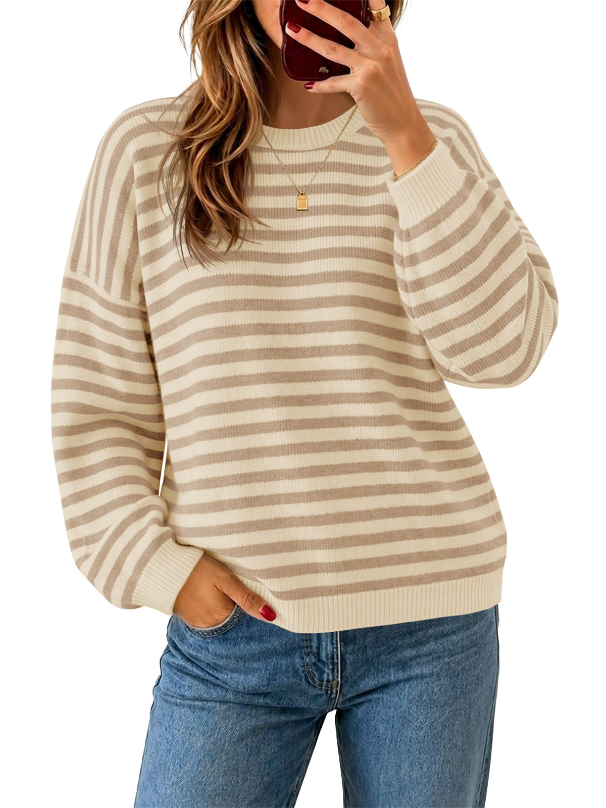 usvara Women Oversized Striped Crew Neck Pullover Sweater