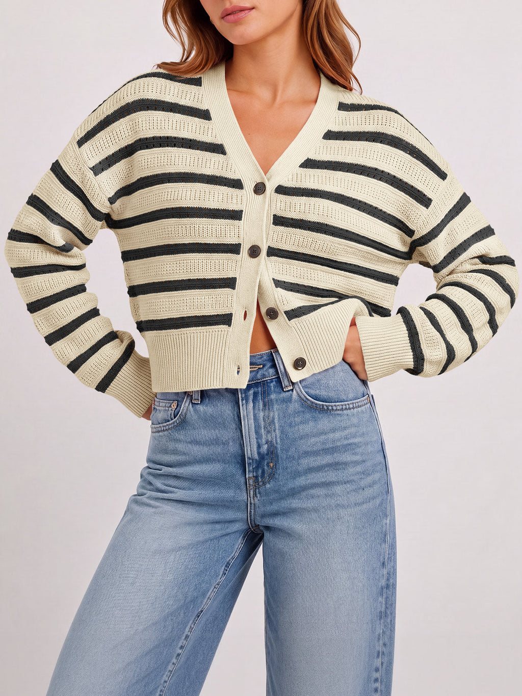 usvara Womens Striped Crochet Cardigan Tops