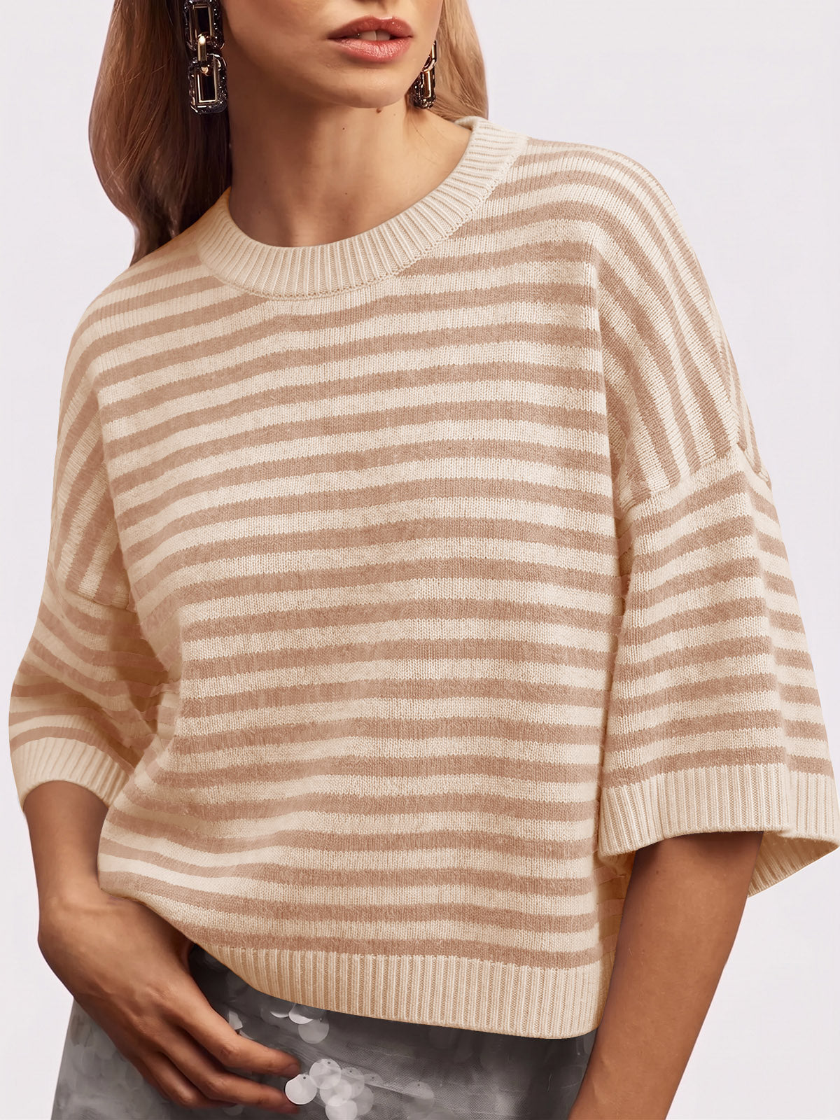 usvara Women Striped Short Sleeve Knit Top