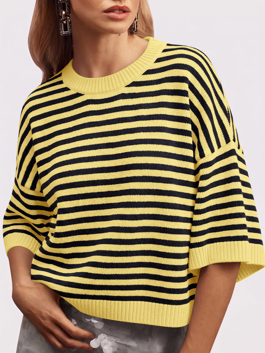 usvara Women Striped Short Sleeve Knit Top