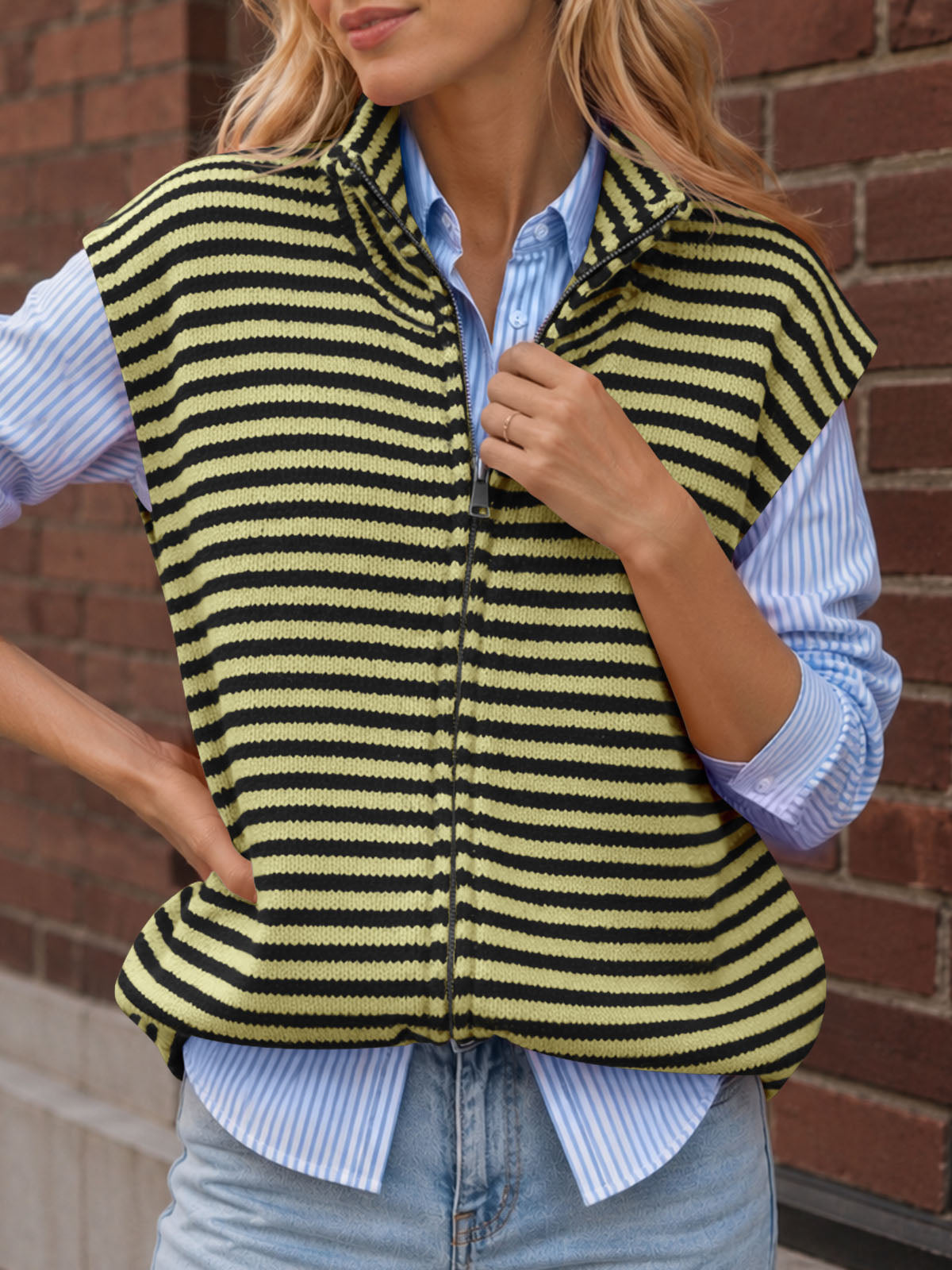 usvara Women Striped Zip Up Knit Cardigan