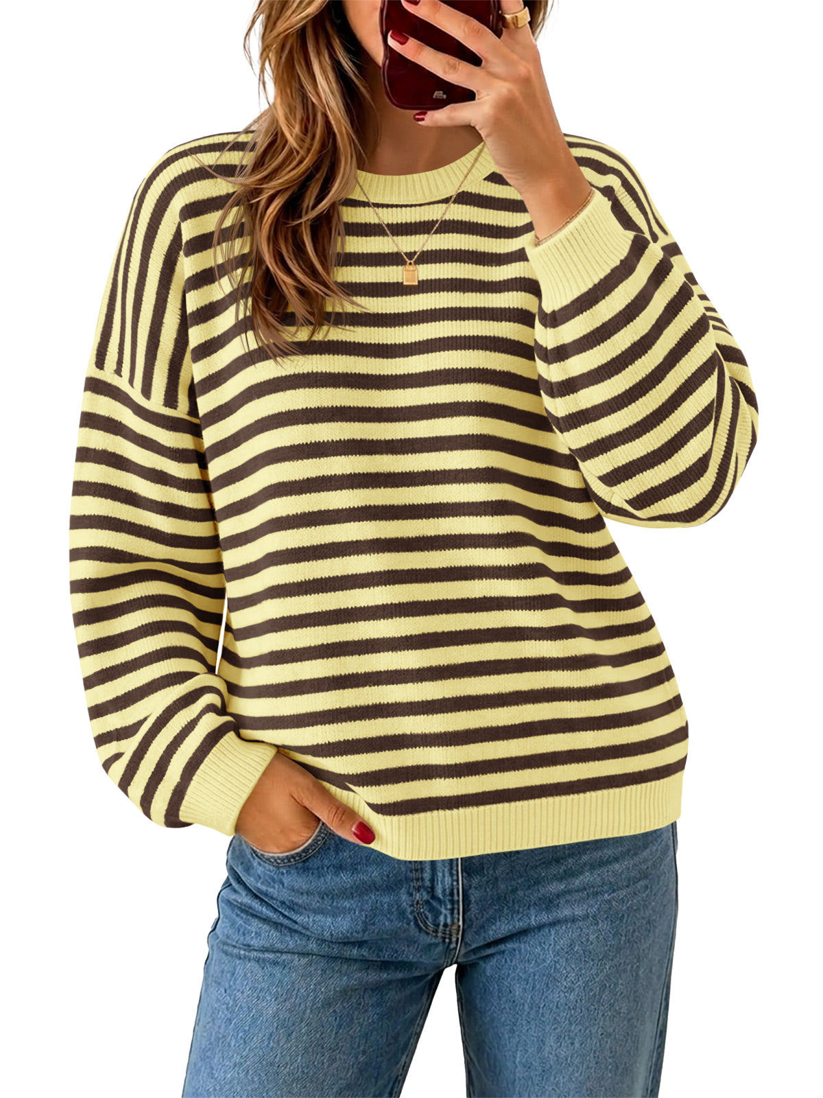 usvara Women Oversized Striped Crew Neck Pullover Sweater