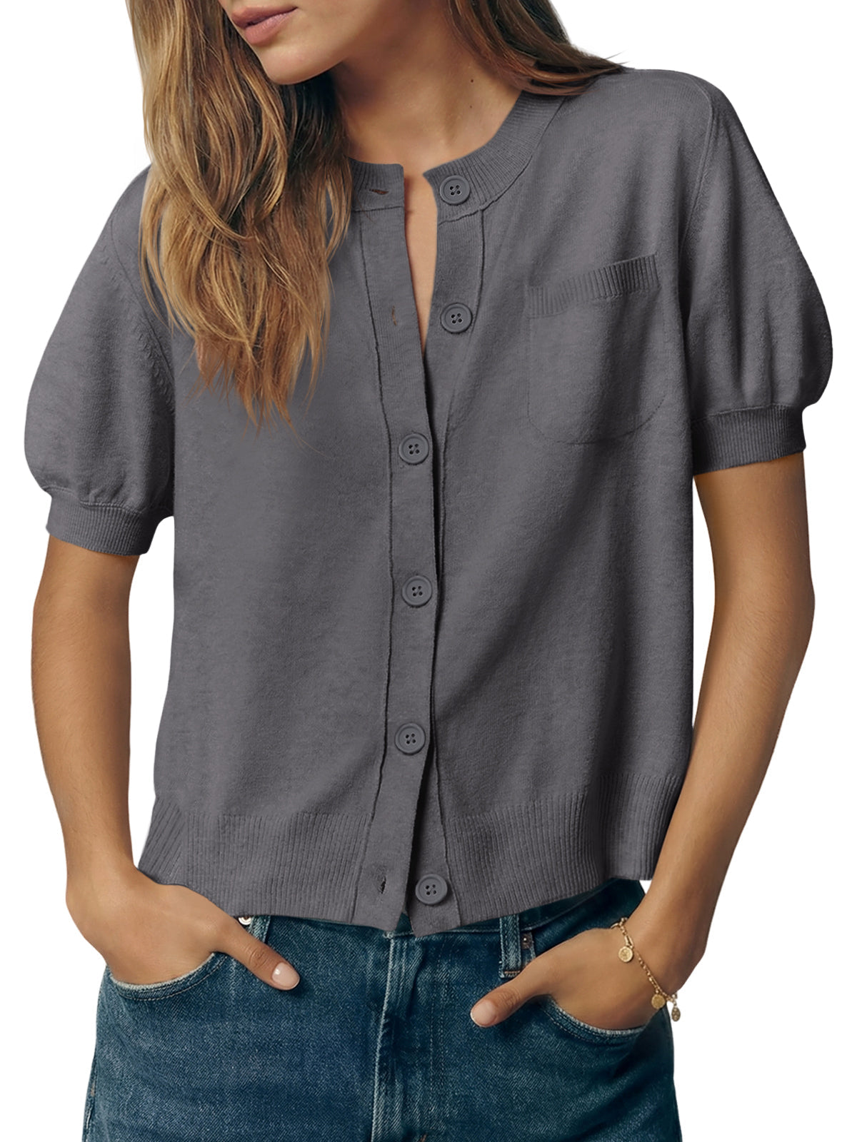 usvara Womens Puff Sleeve Button Down Cardigan