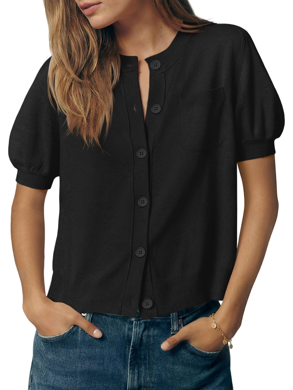 usvara Womens Puff Sleeve Button Down Cardigan