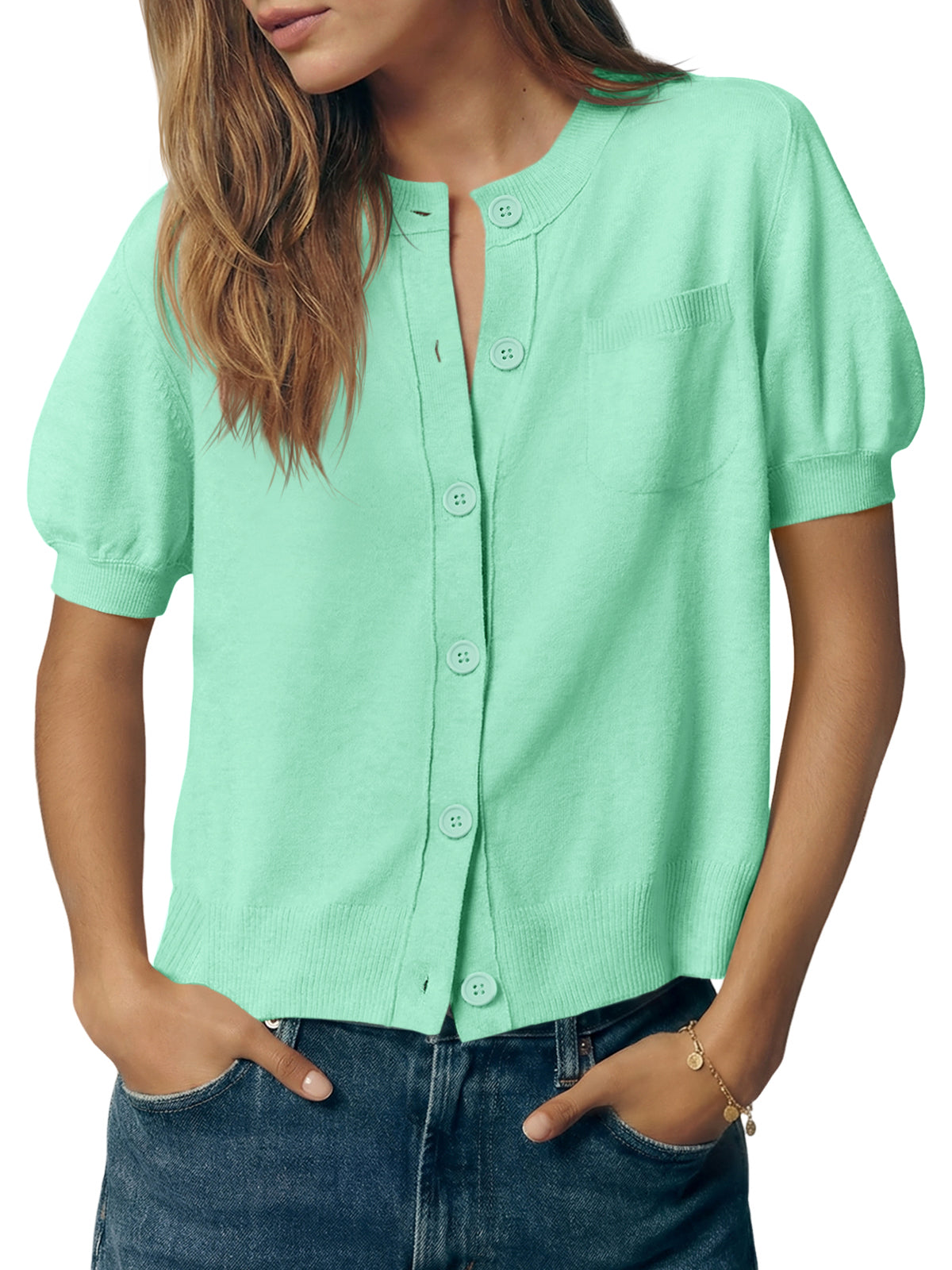 usvara Womens Puff Sleeve Button Down Cardigan