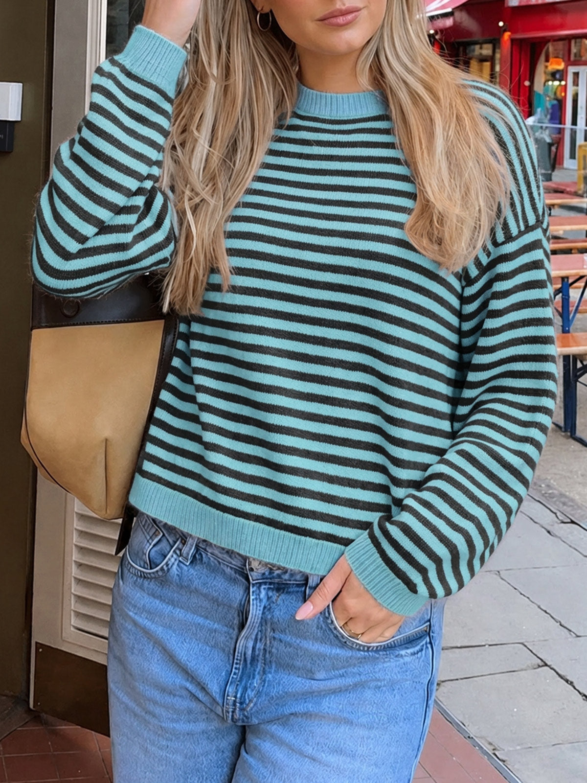 usvara Women Oversized Striped Crew Neck Pullover Sweater