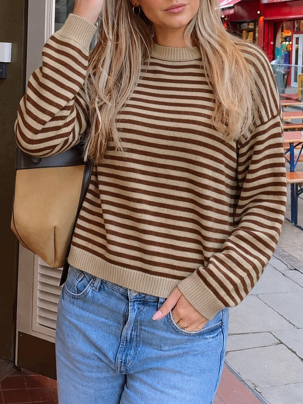 usvara Women Oversized Striped Crew Neck Pullover Sweater