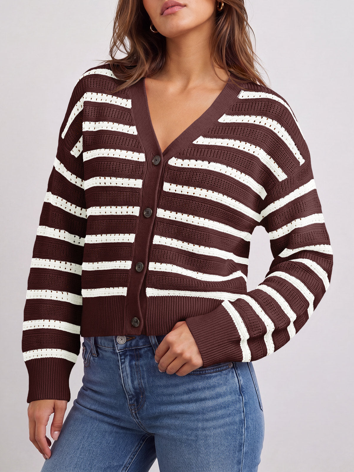 usvara Womens Striped Crochet Cardigan Tops