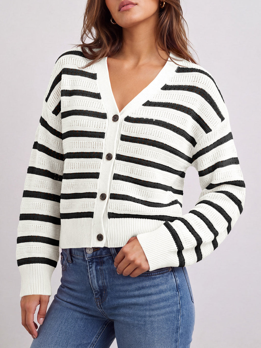usvara Womens Striped Crochet Cardigan Tops