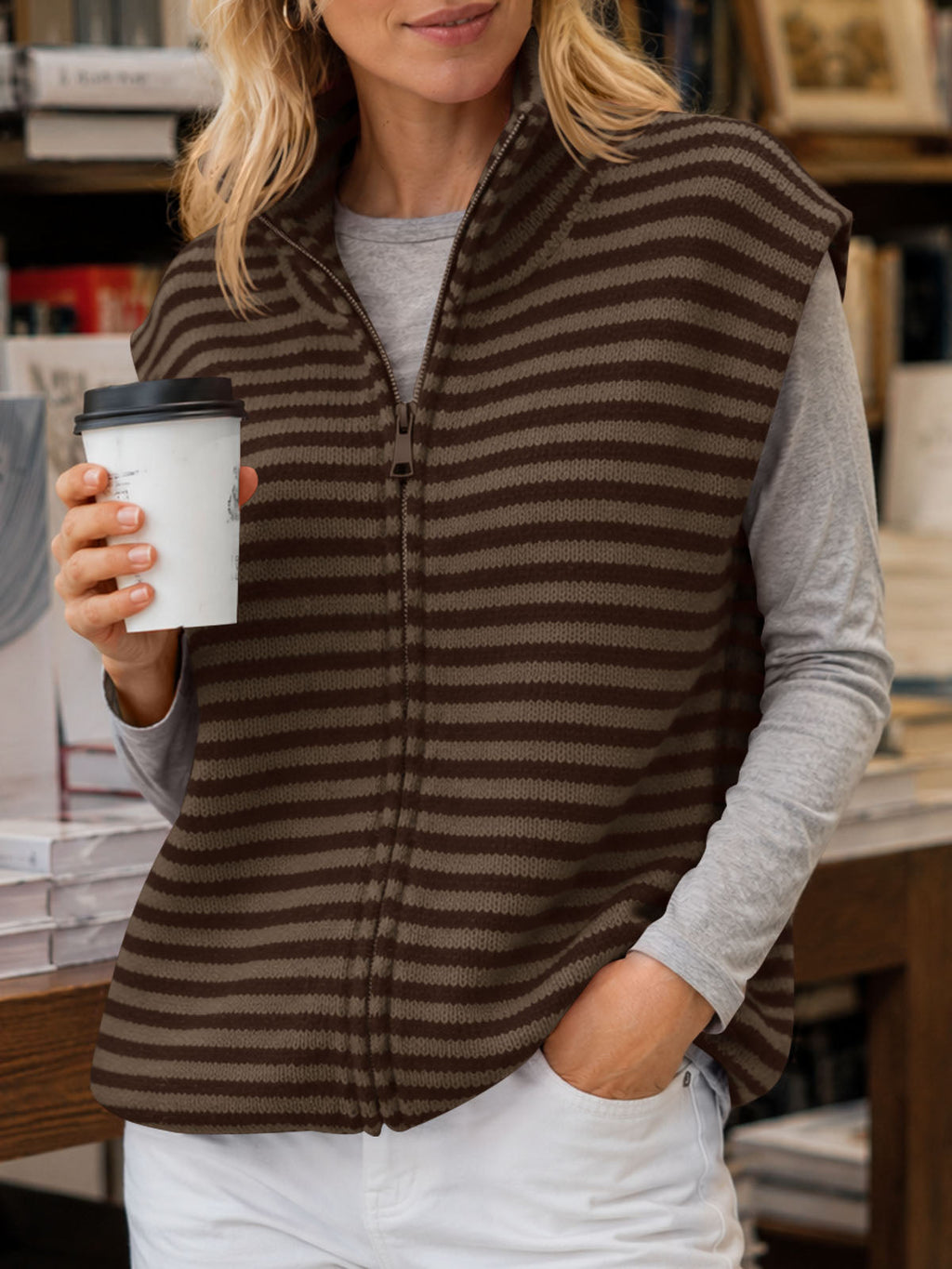 usvara Women Striped Zip Up Knit Cardigan