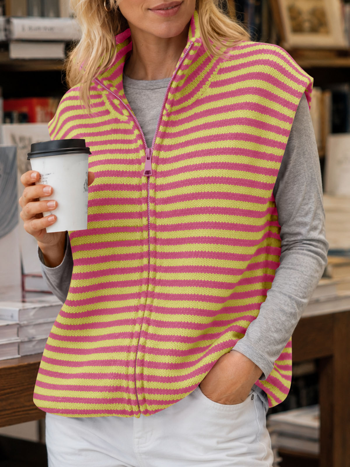 usvara Women Striped Zip Up Knit Cardigan
